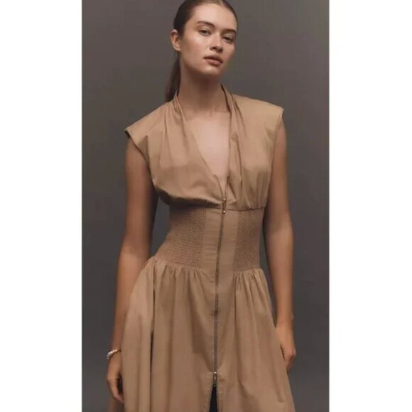 🏷 *NWT* ✨ Anthropologie Maeve Neutral Smocked Midi Dress 🤍🌾 - Picture 2 of 11